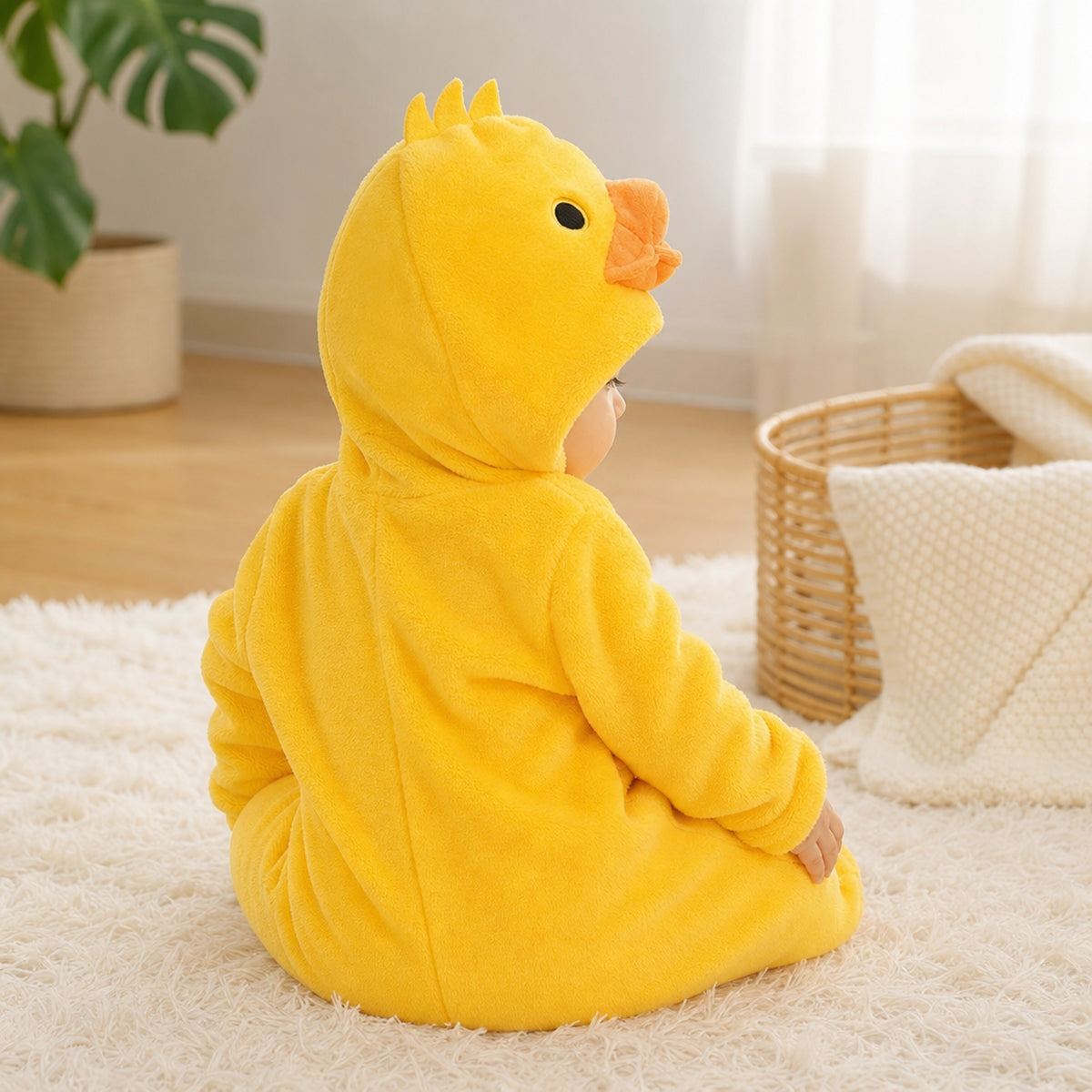 Back view of a baby in a yellow duckling costume onesie showing the hood with felt crest