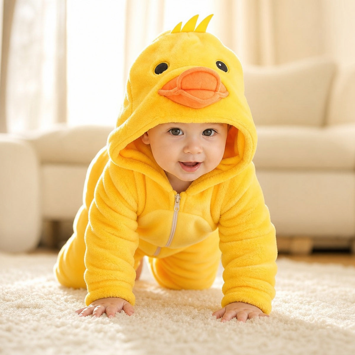 Smiling baby crawling toward the camera in a plush yellow duckling costume