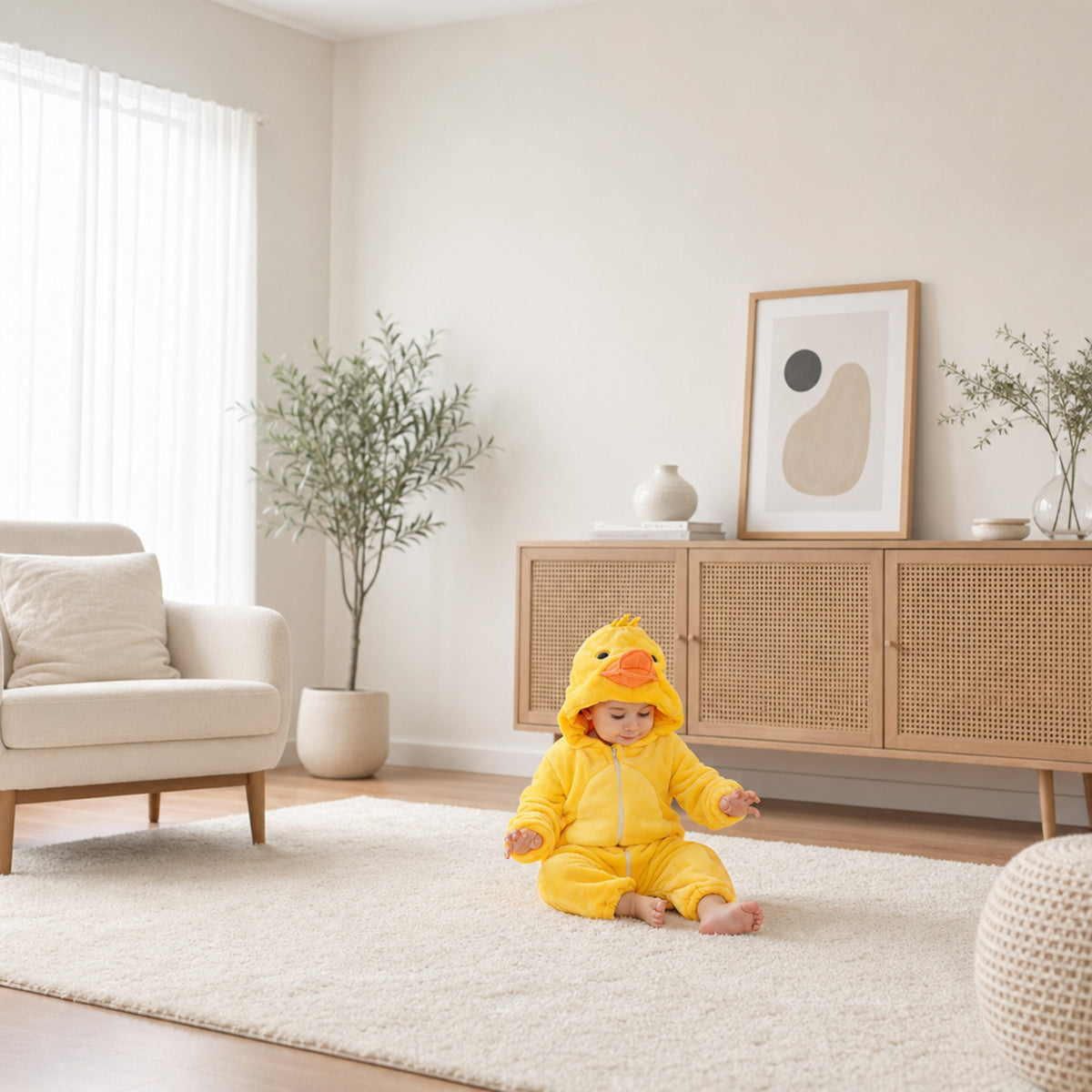 Baby sitting on a rug in a bright living room in a yellow duckling costume onesie
