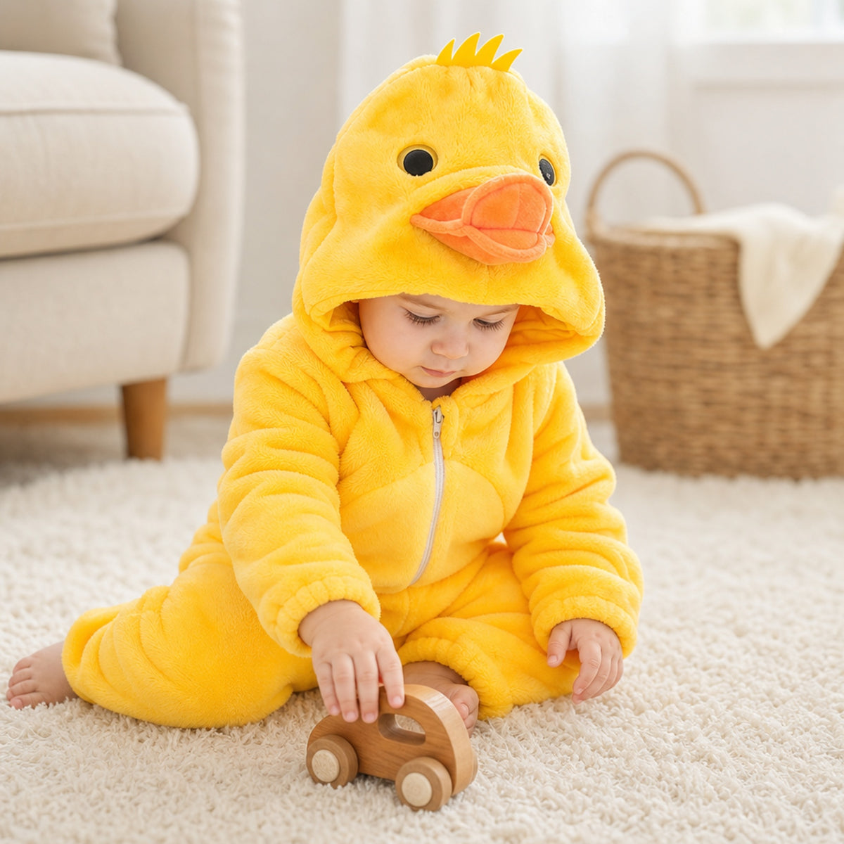 Baby playing with a wooden toy car in a yellow duckling costume onesie