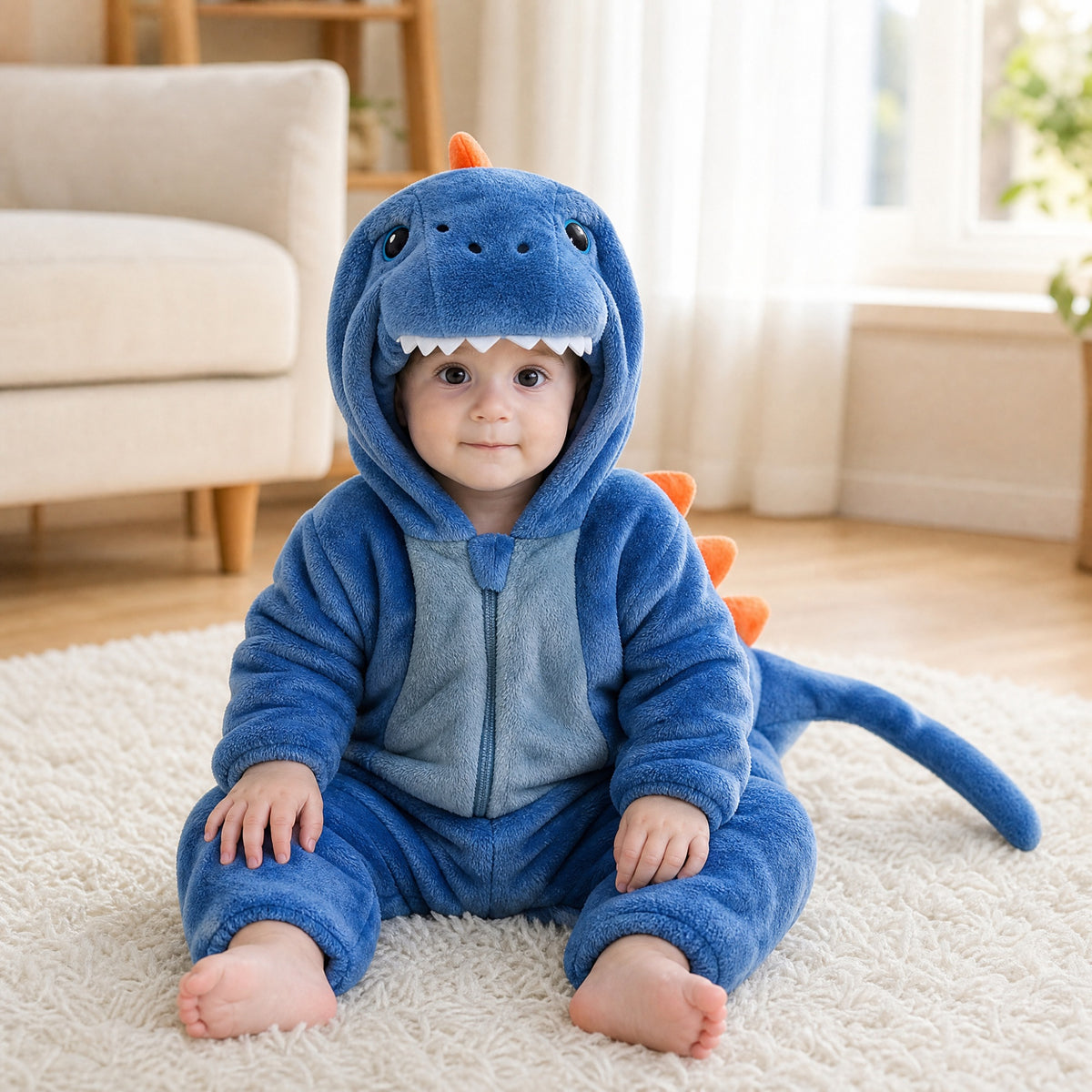Baby sitting on a rug in a blue dinosaur costume onesie with orange spikes