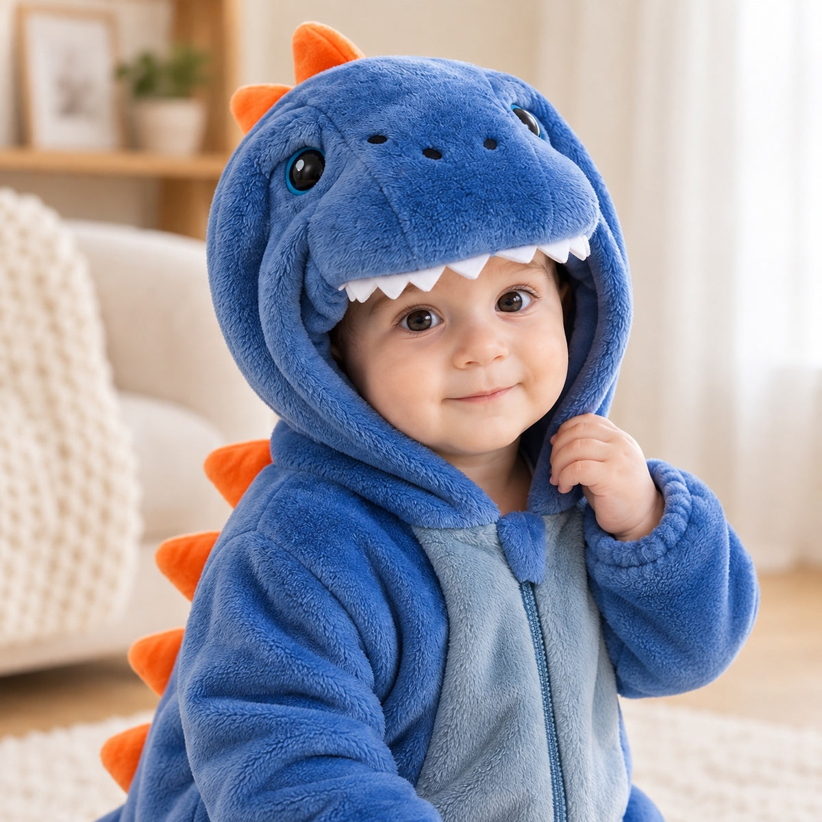 Close-up of the blue dino hood with soft felt teeth and orange spikes