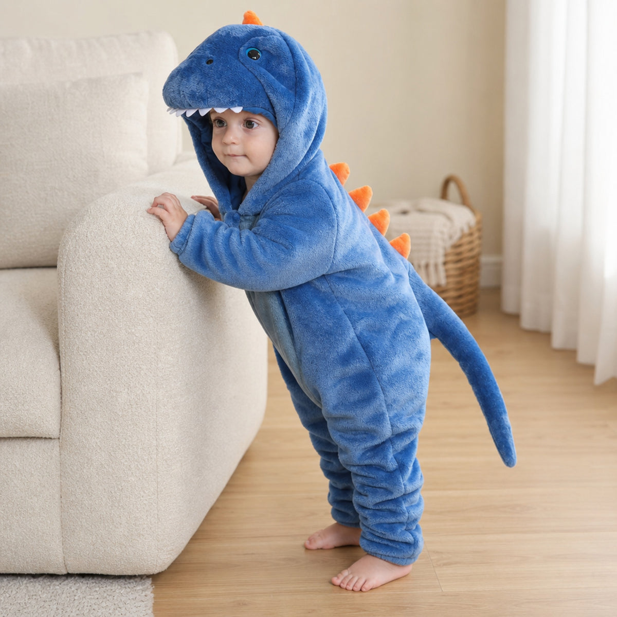 Baby standing by the sofa in a blue dinosaur costume with long tail