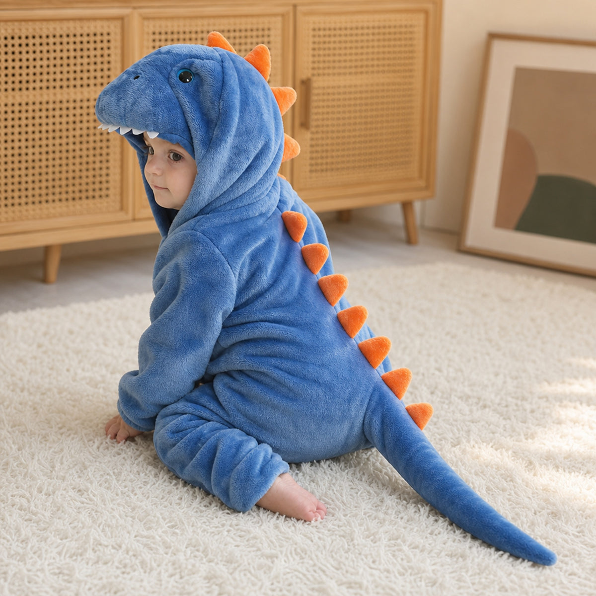 Back view of the blue dino onesie showing orange spikes and tail