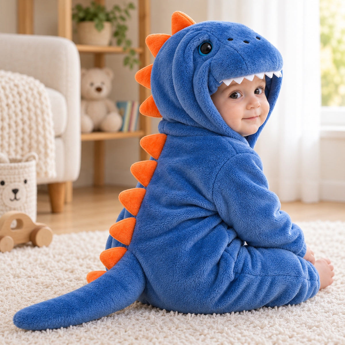 Side view of a baby in a plush blue dinosaur costume onesie