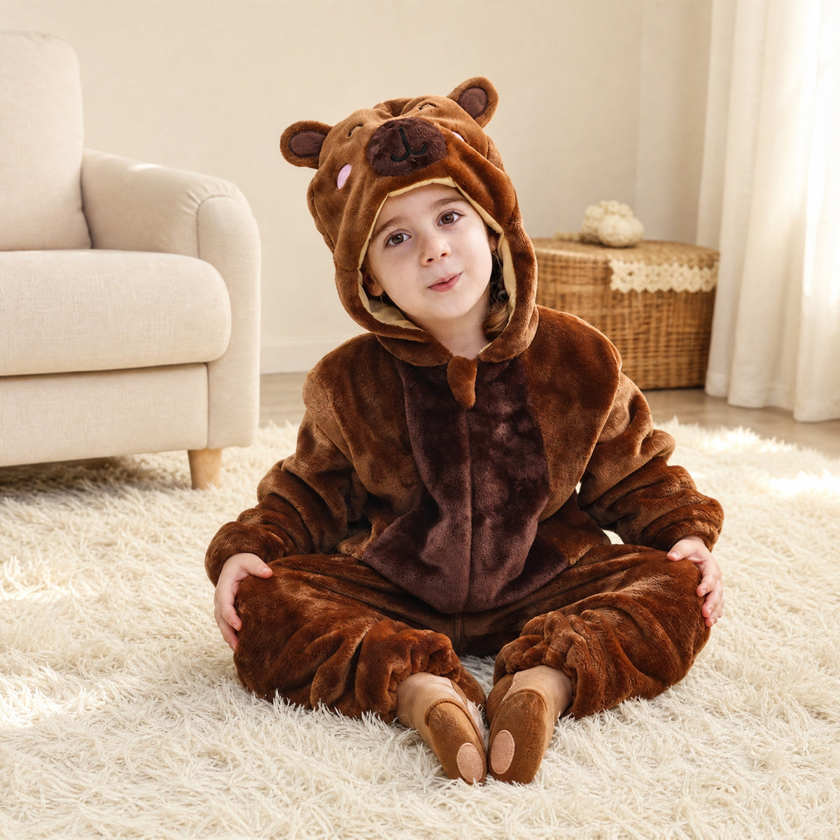 Child sitting on a rug in a brown teddy bear costume onesie