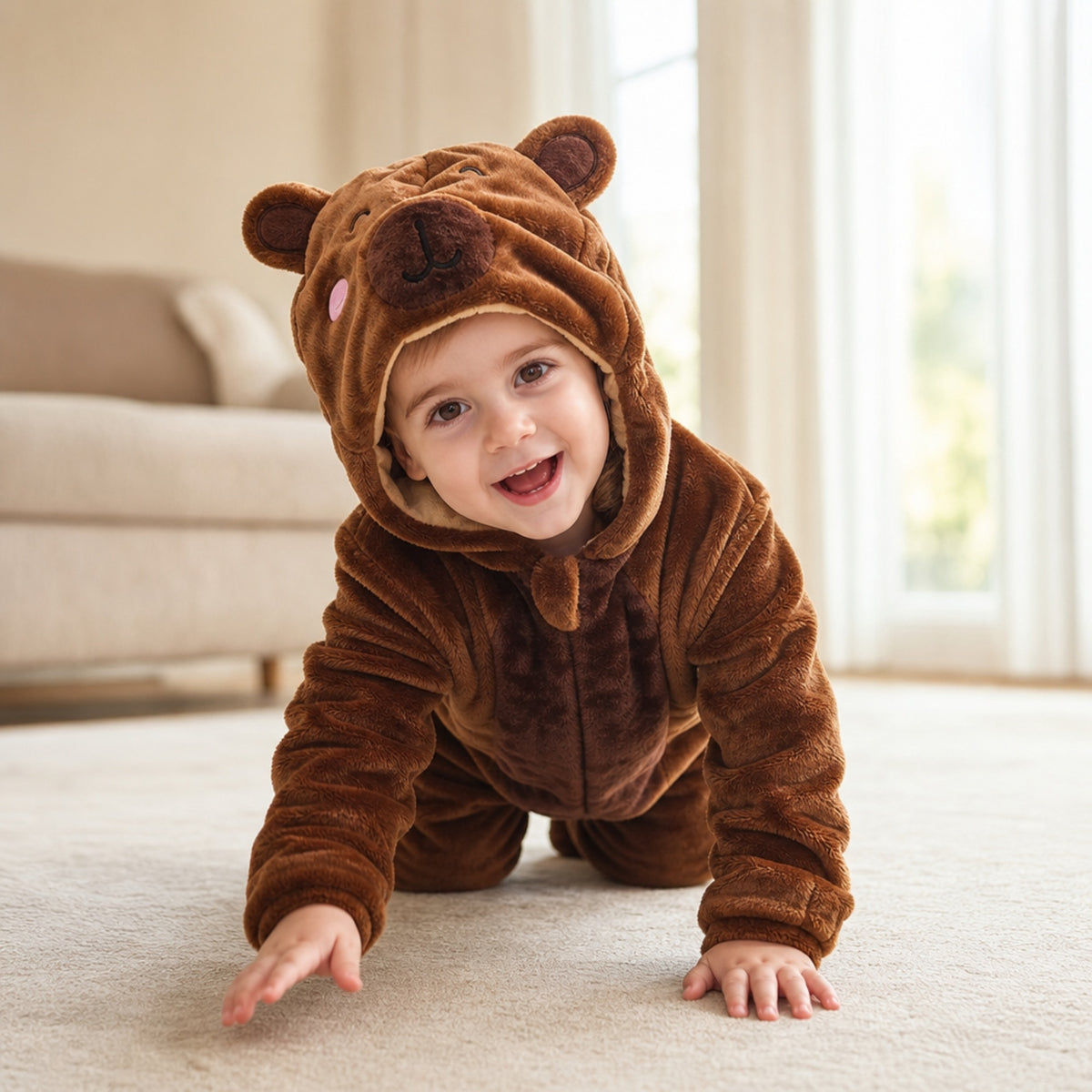 Smiling child crawling in a plush brown bear costume