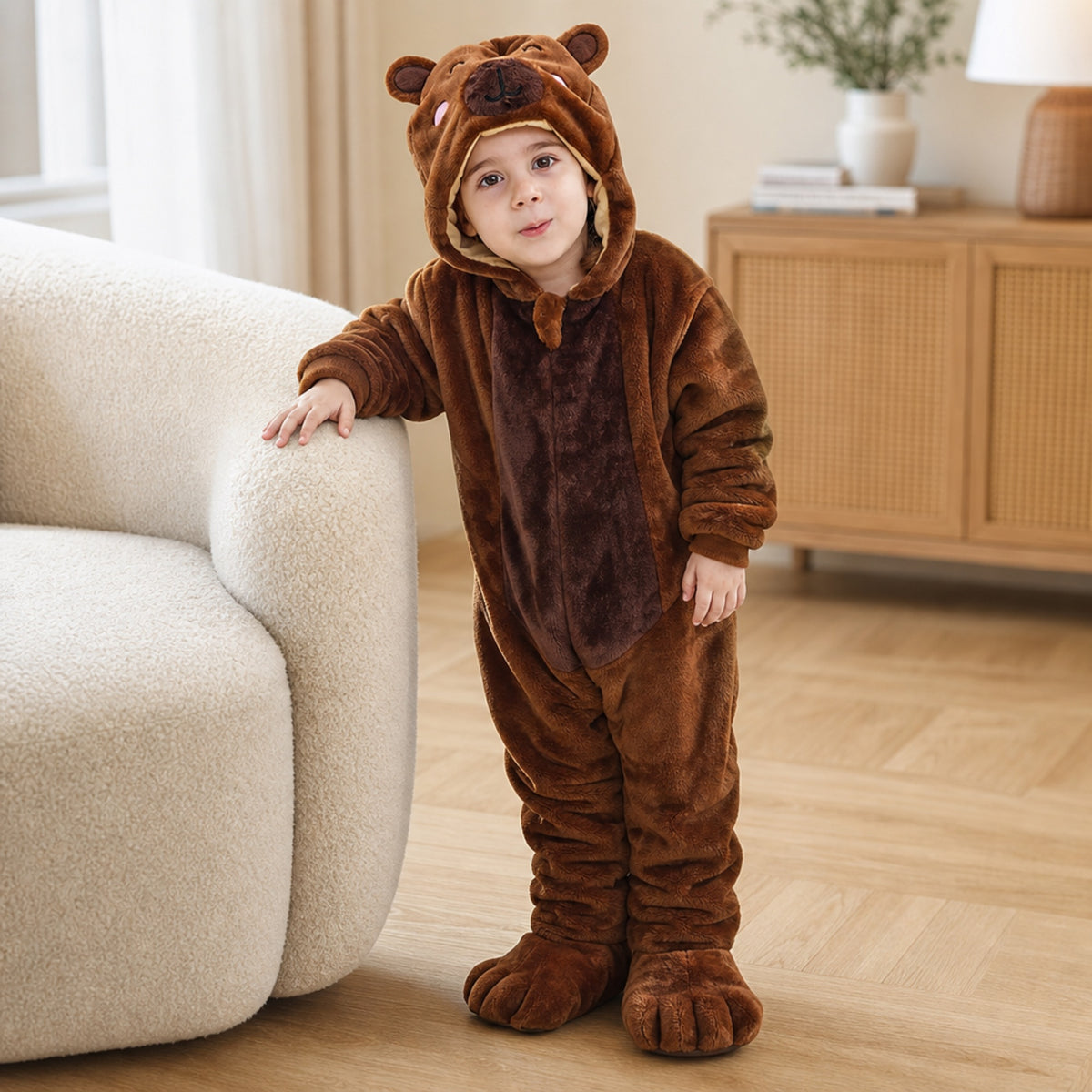 Child standing by the sofa in a brown bear onesie