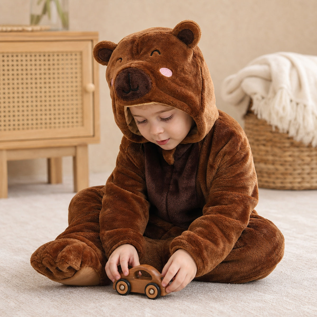 Child playing with a wooden toy car in a bear costume