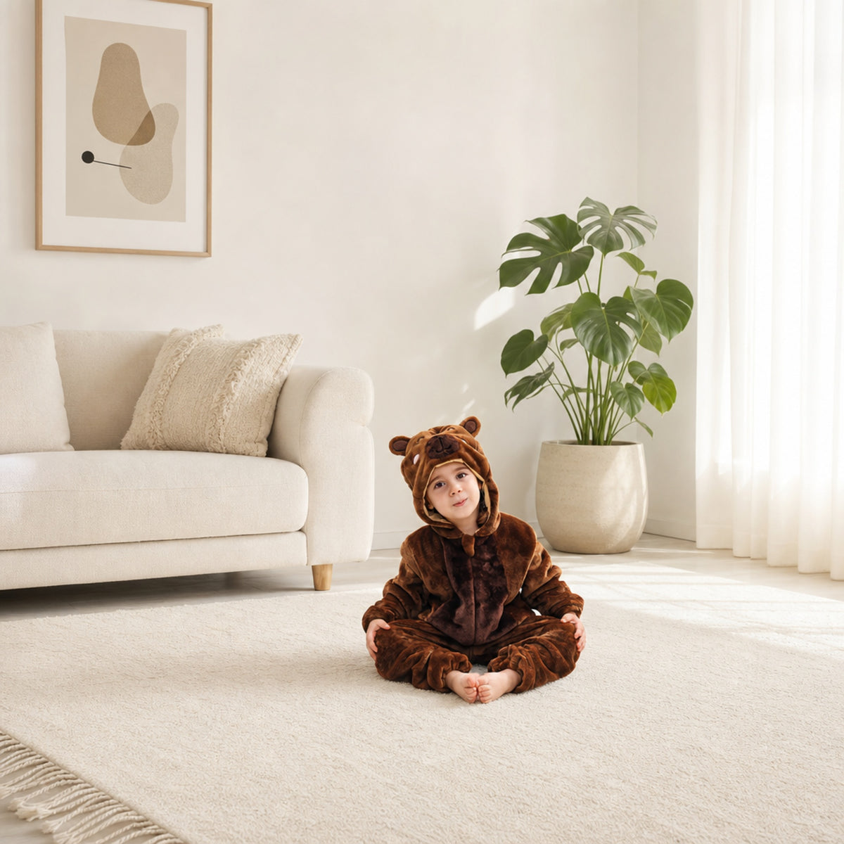 Child in a brown bear costume in a bright living room