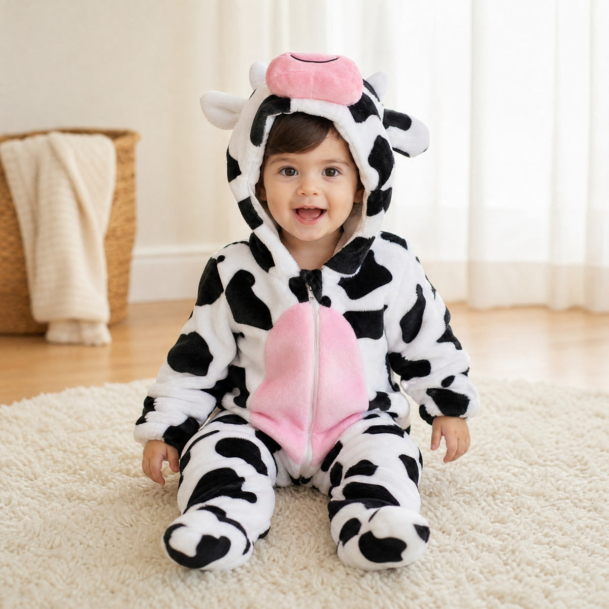 Smiling baby sitting on a rug in a black and white cow costume onesie