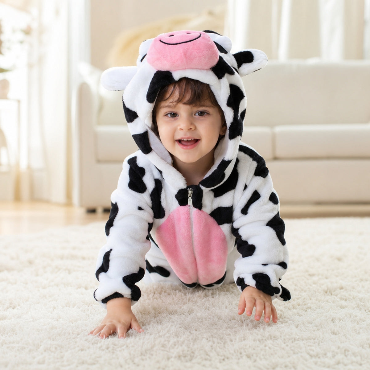Baby crawling in a plush cow costume with pink belly