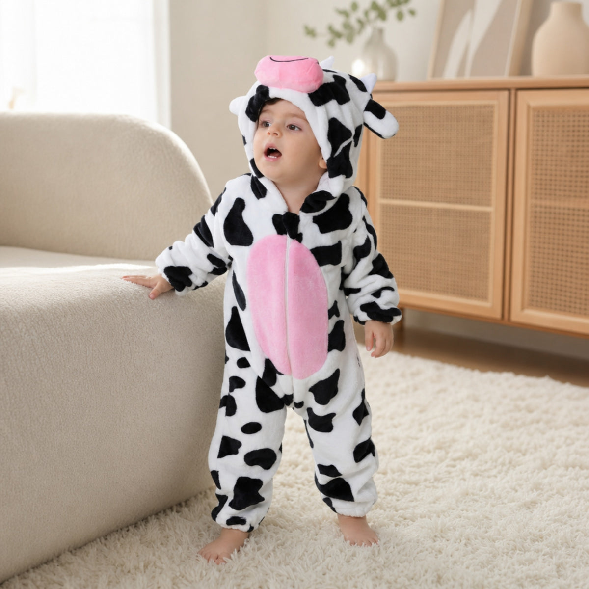 Baby standing by the sofa in a cow onesie