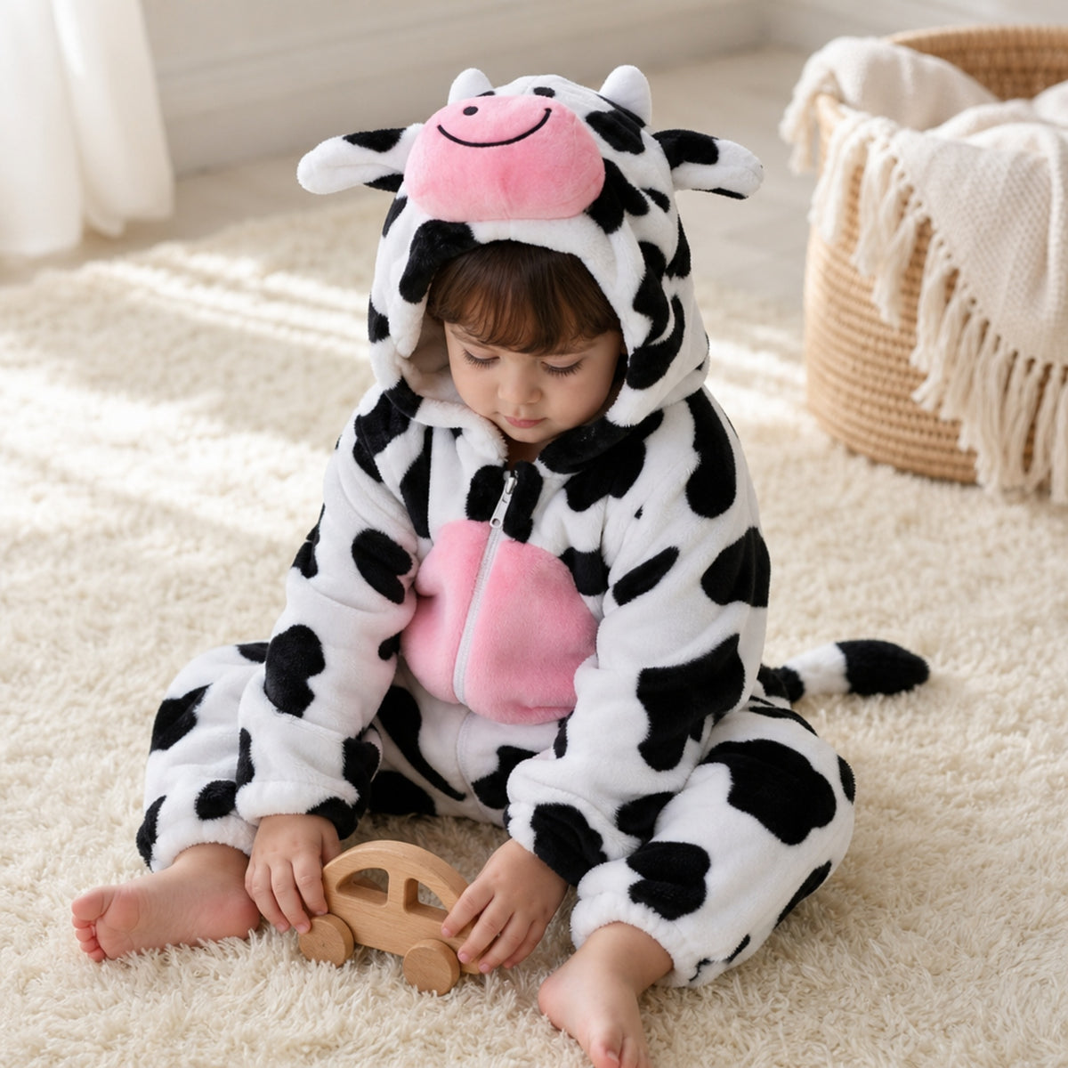 Baby playing with a wooden toy in a cow costume