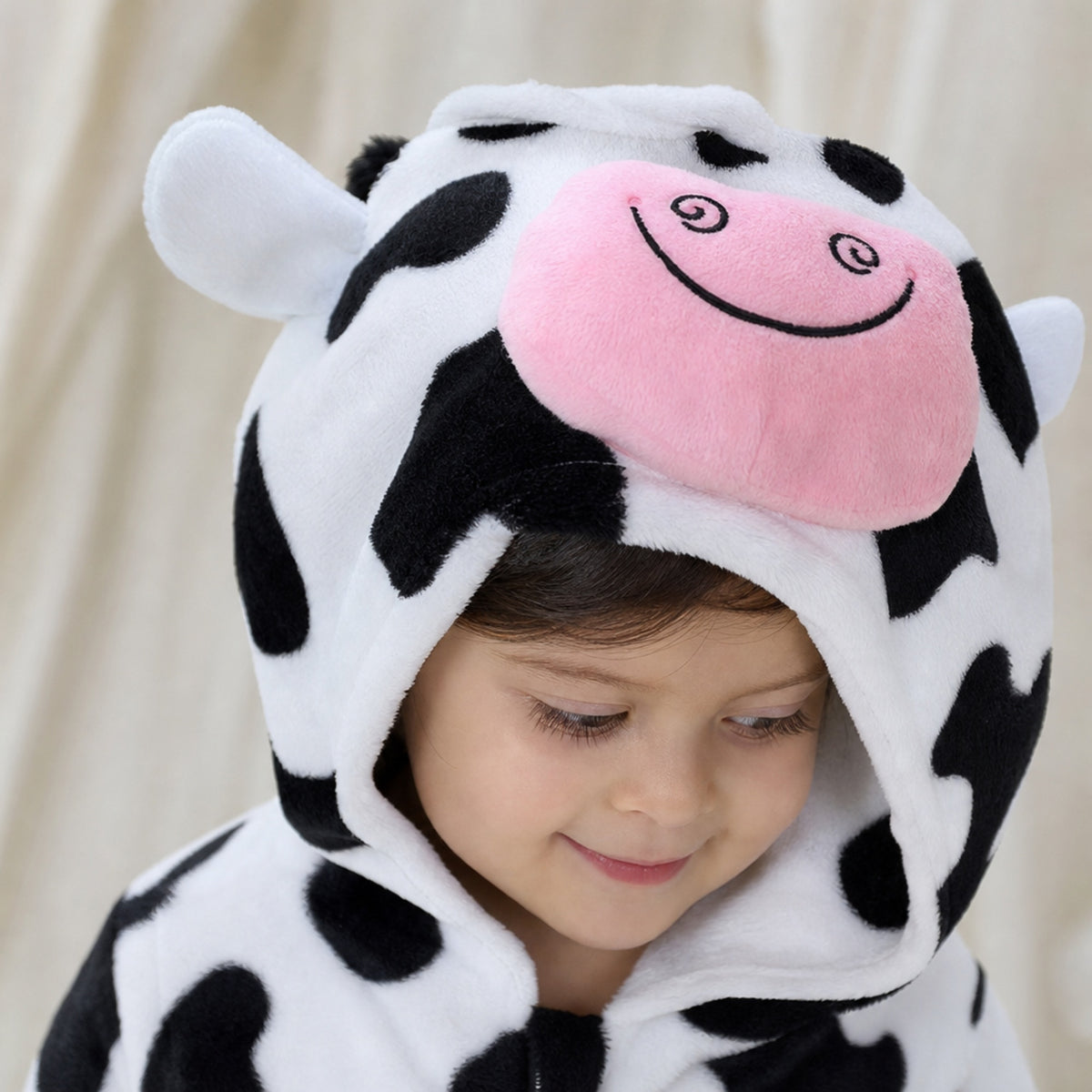 Close-up of the cow hood with pink snout and horns