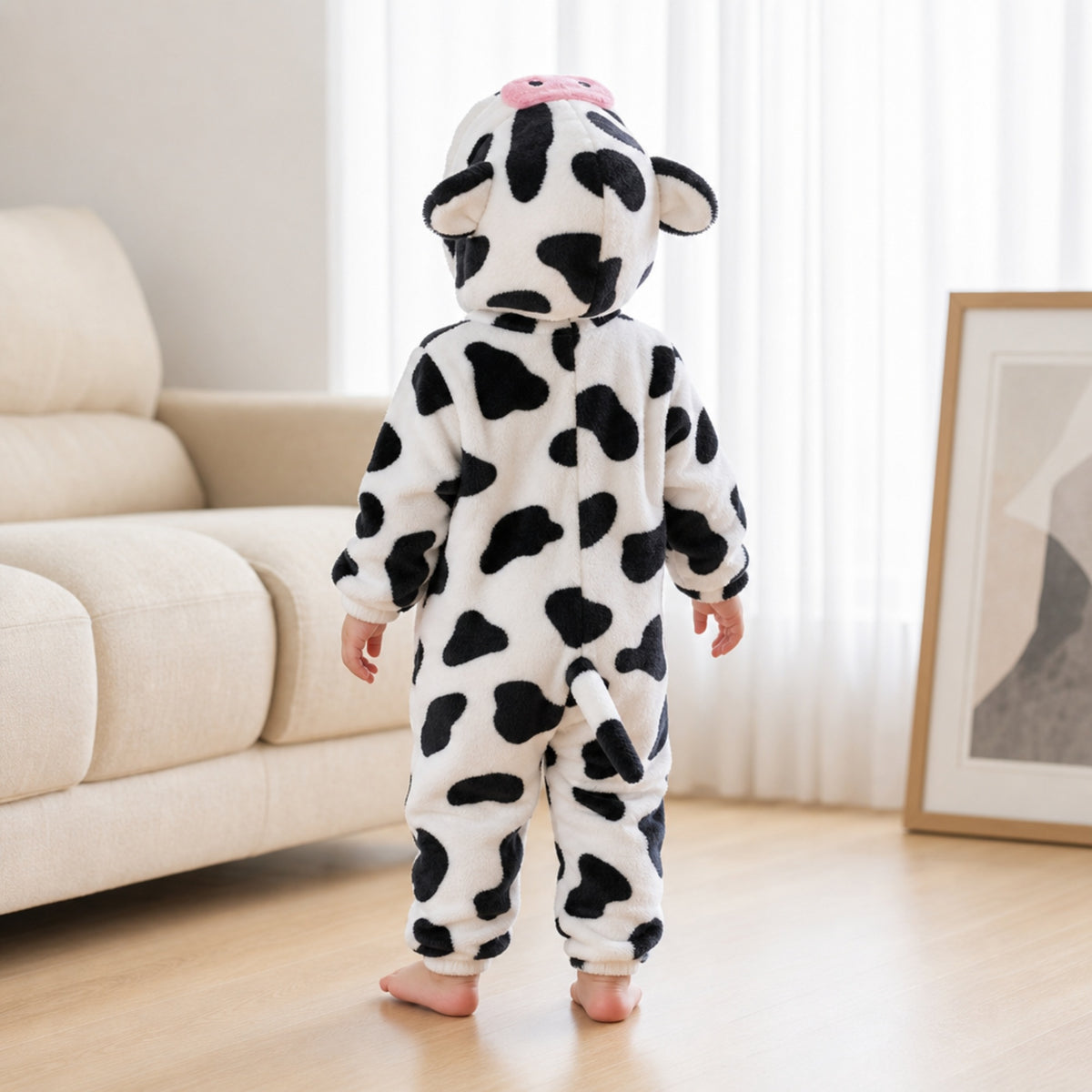 Back view of the spotted cow costume onesie