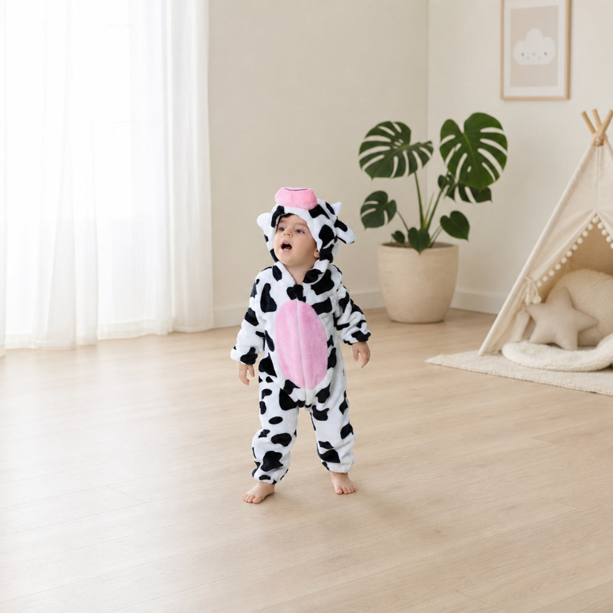 Baby in a cow costume onesie in a bright living room