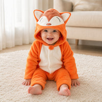 Smiling baby sitting on a rug in an orange fox costume onesie