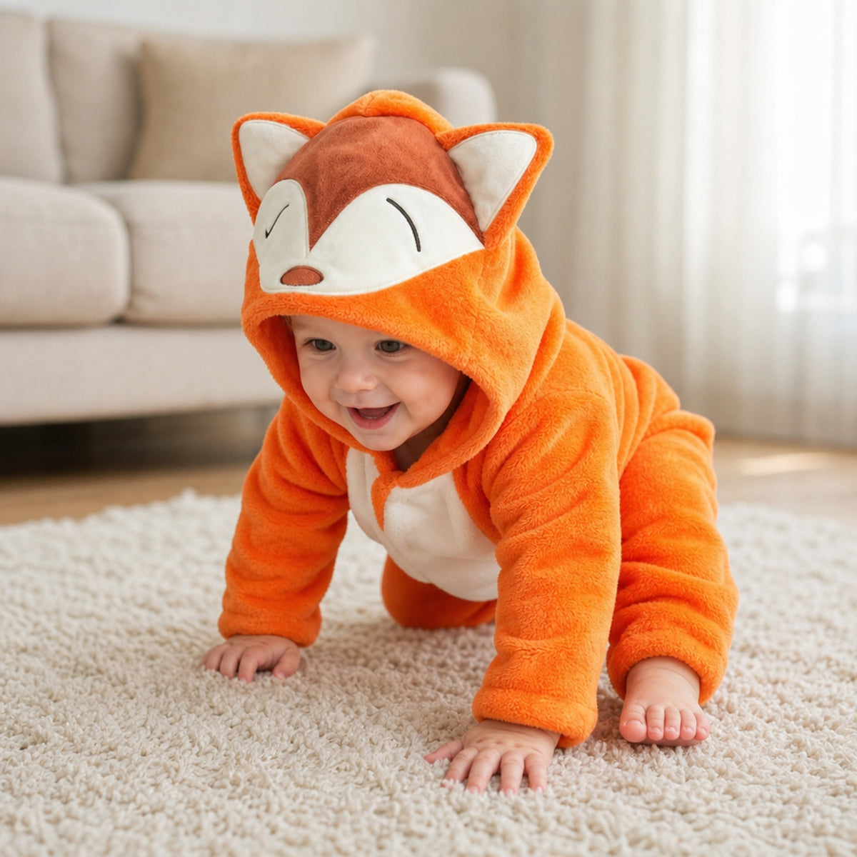 Baby crawling in a plush orange fox costume