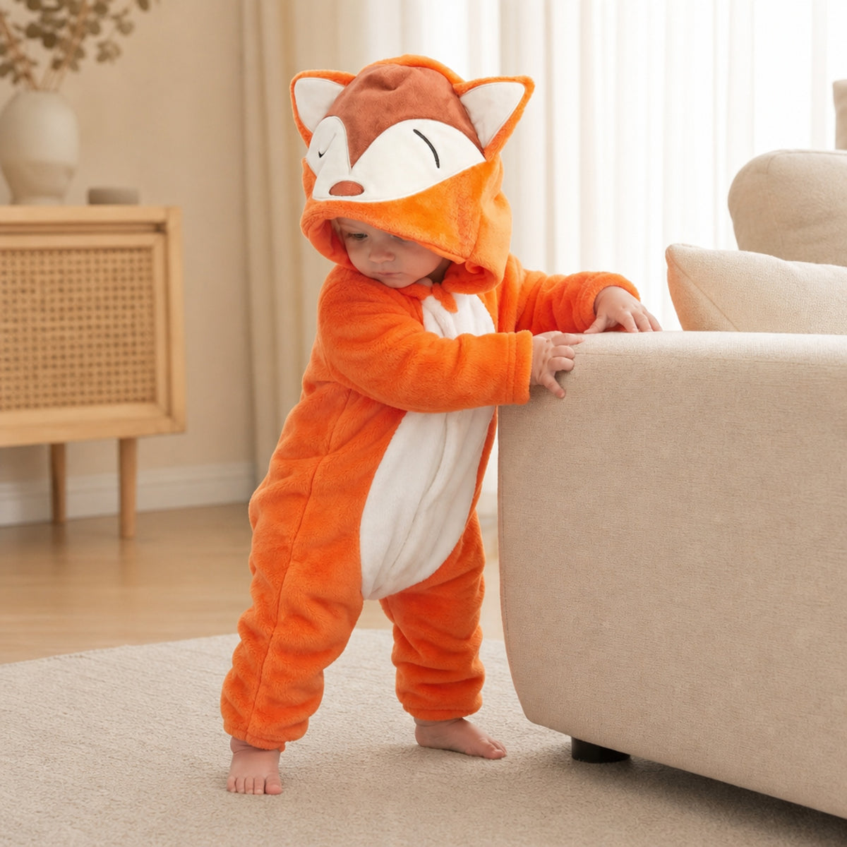 Baby standing by the sofa in a fox onesie