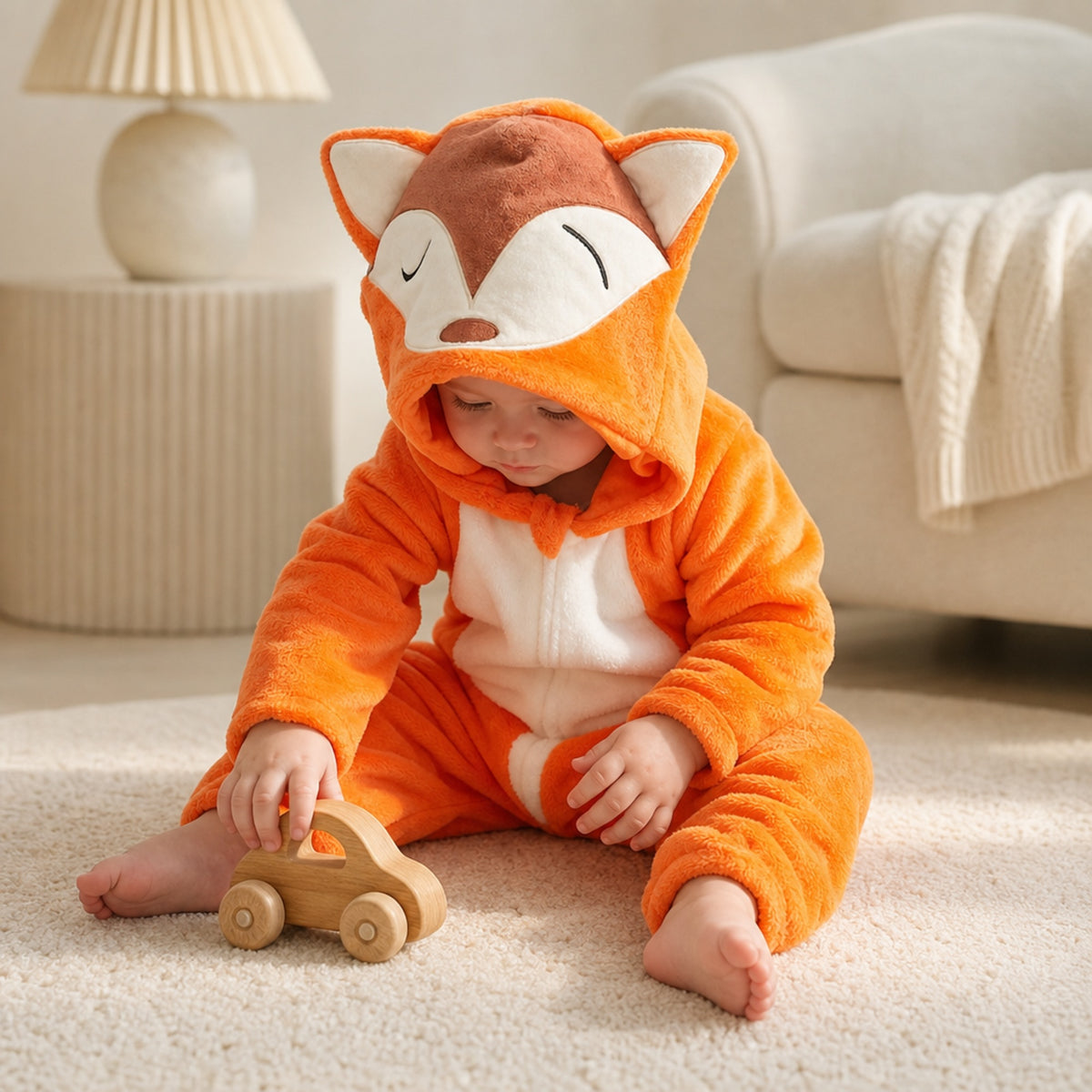 Baby playing with a wooden toy in a fox costume