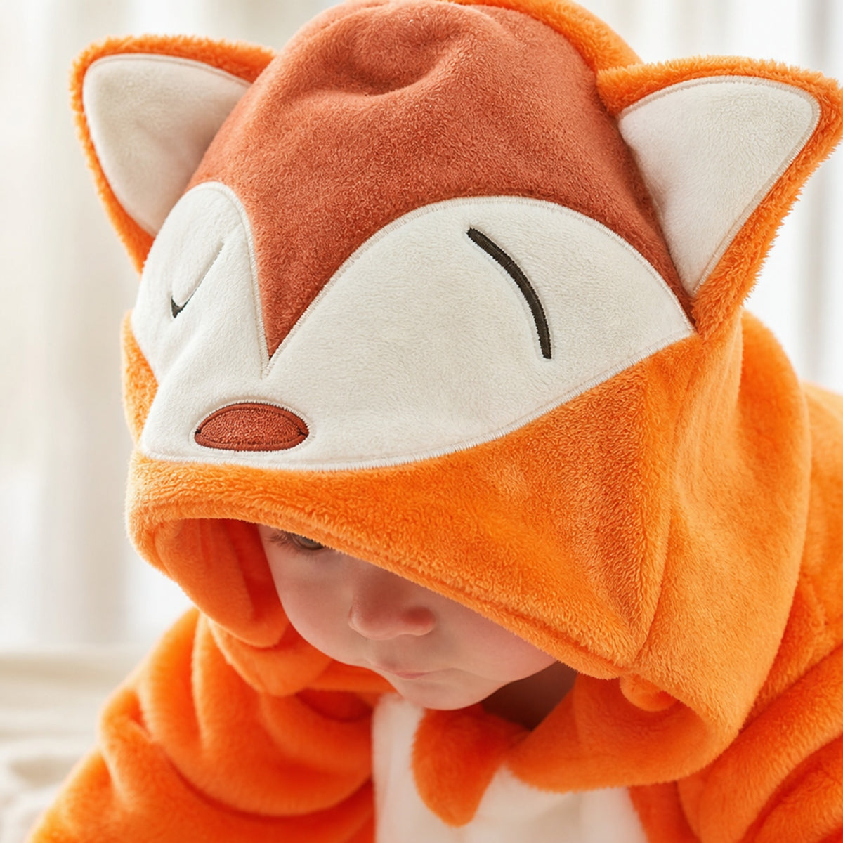 Close-up of the fox hood with sleepy eyes and pointy ears