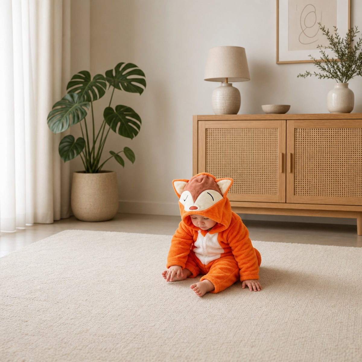Baby in an orange fox costume in a bright living room