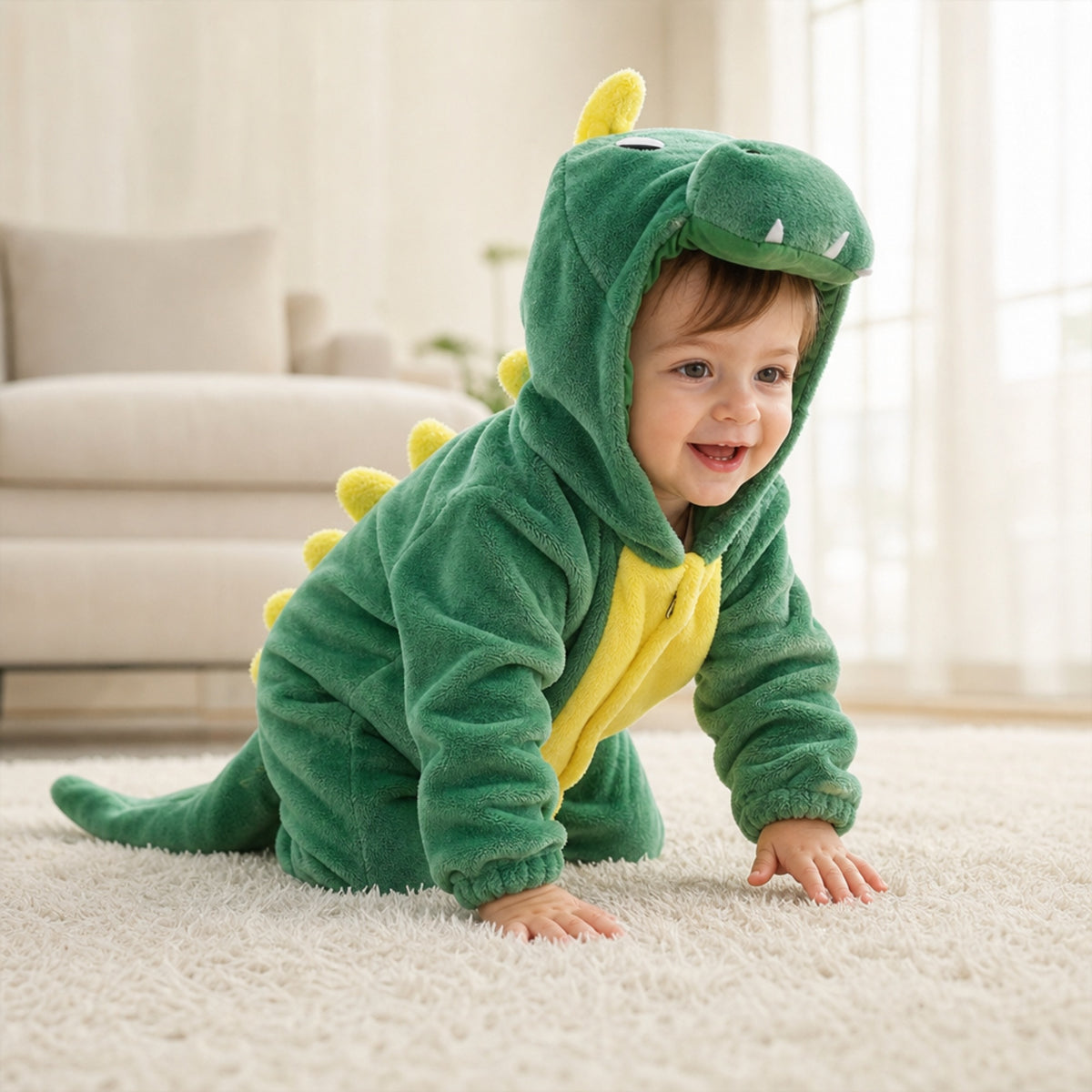 Smiling baby crawling in a plush green dragon costume