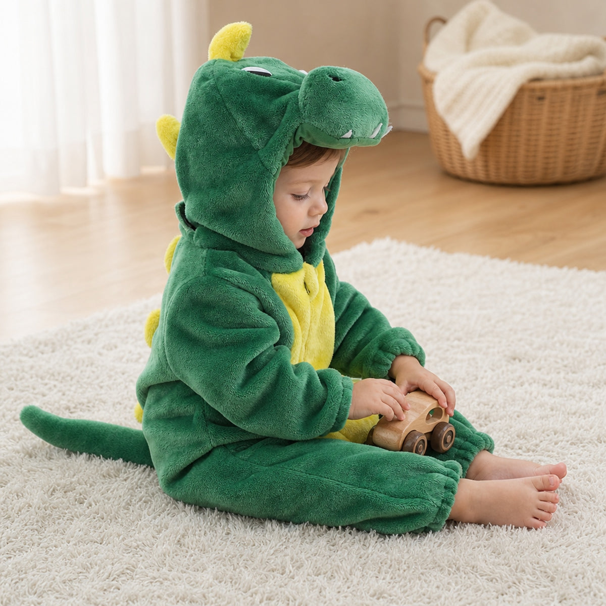 Baby playing with a wooden toy in a green dragon costume