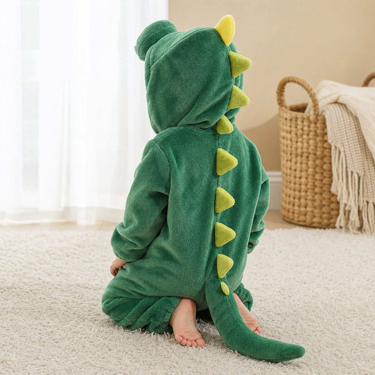 Back view of the green dragon onesie with yellow spikes and tail