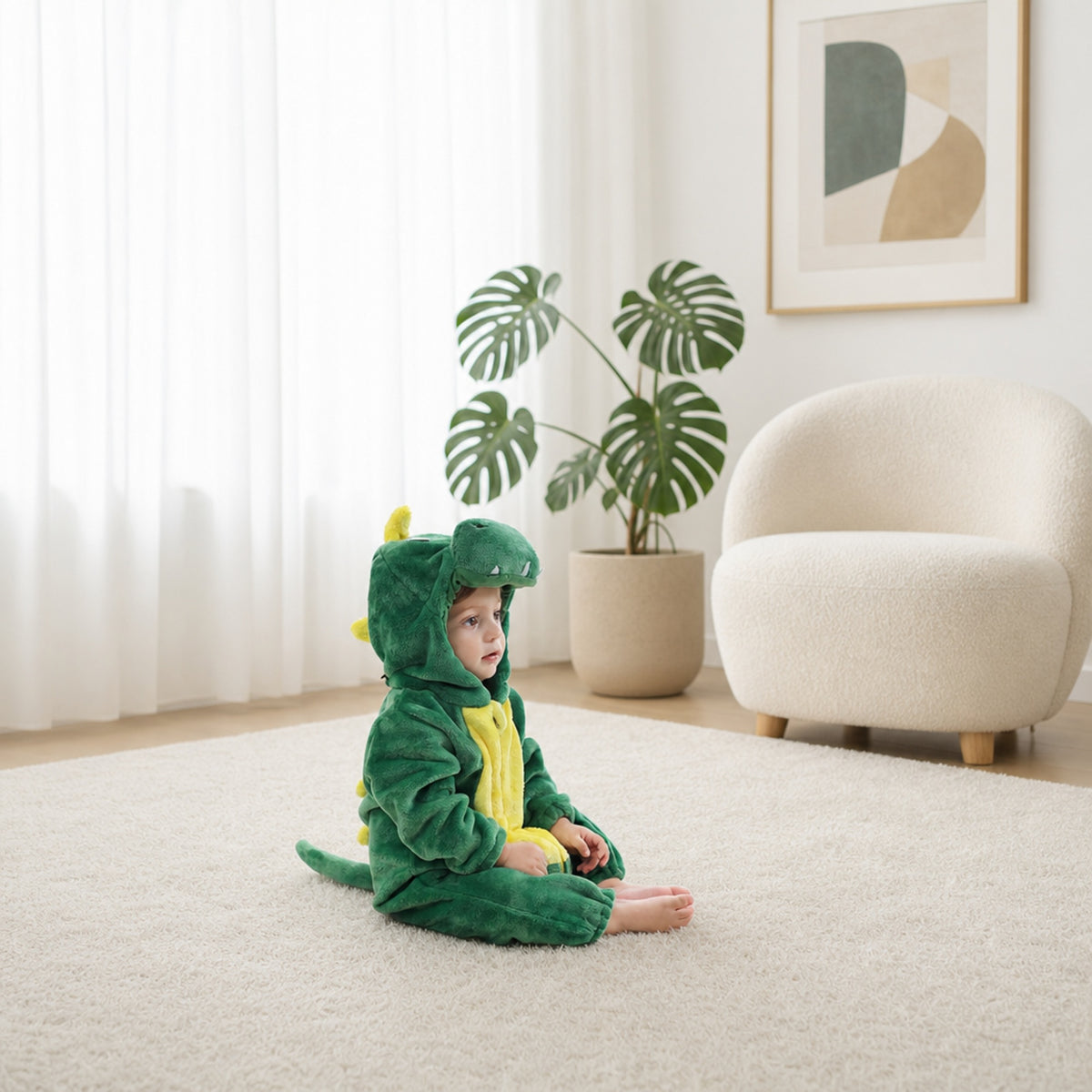 Baby sitting in a bright living room in a green dragon costume