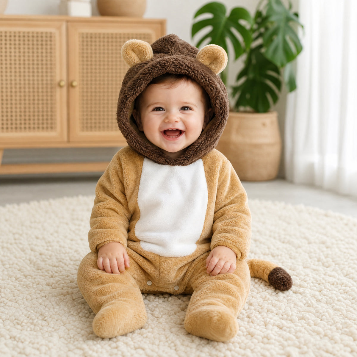 Laughing baby sitting on a rug in a lion cub costume onesie