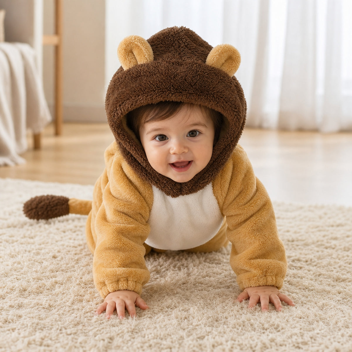 Smiling baby crawling in a plush lion costume with tail