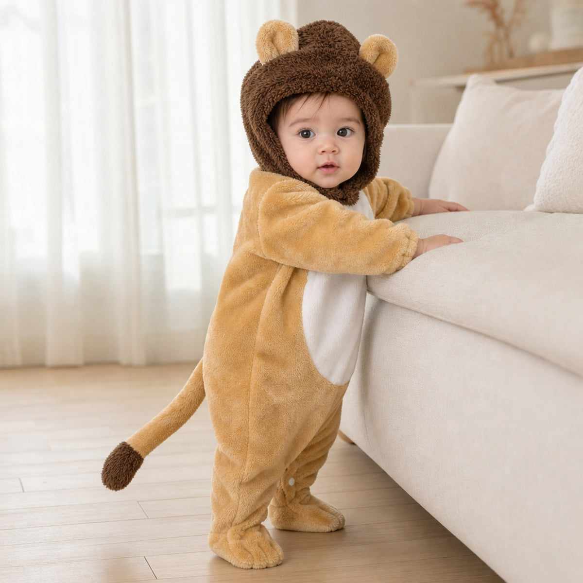 Baby standing by the sofa in a lion cub onesie