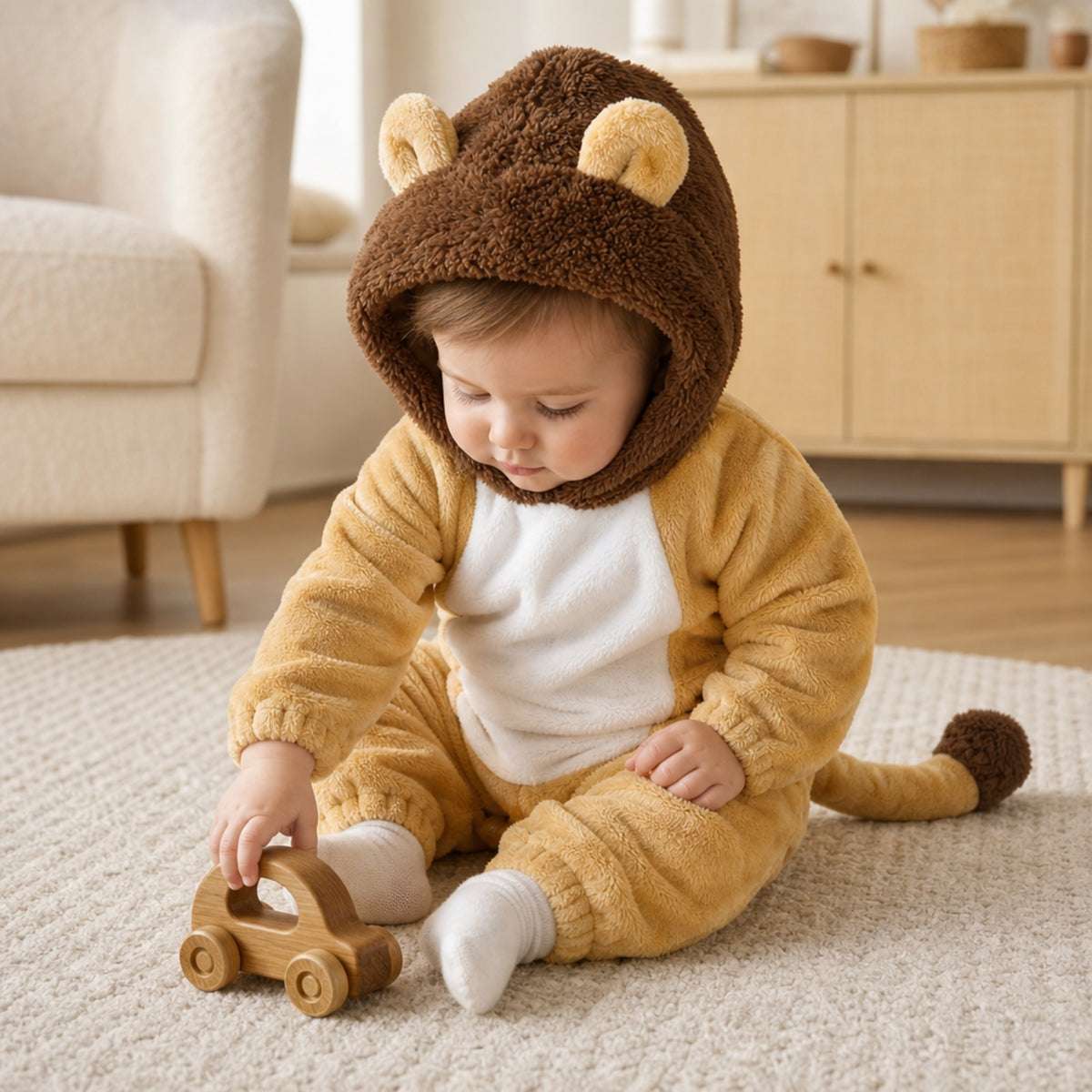 Baby playing with a wooden toy in a lion cub costume