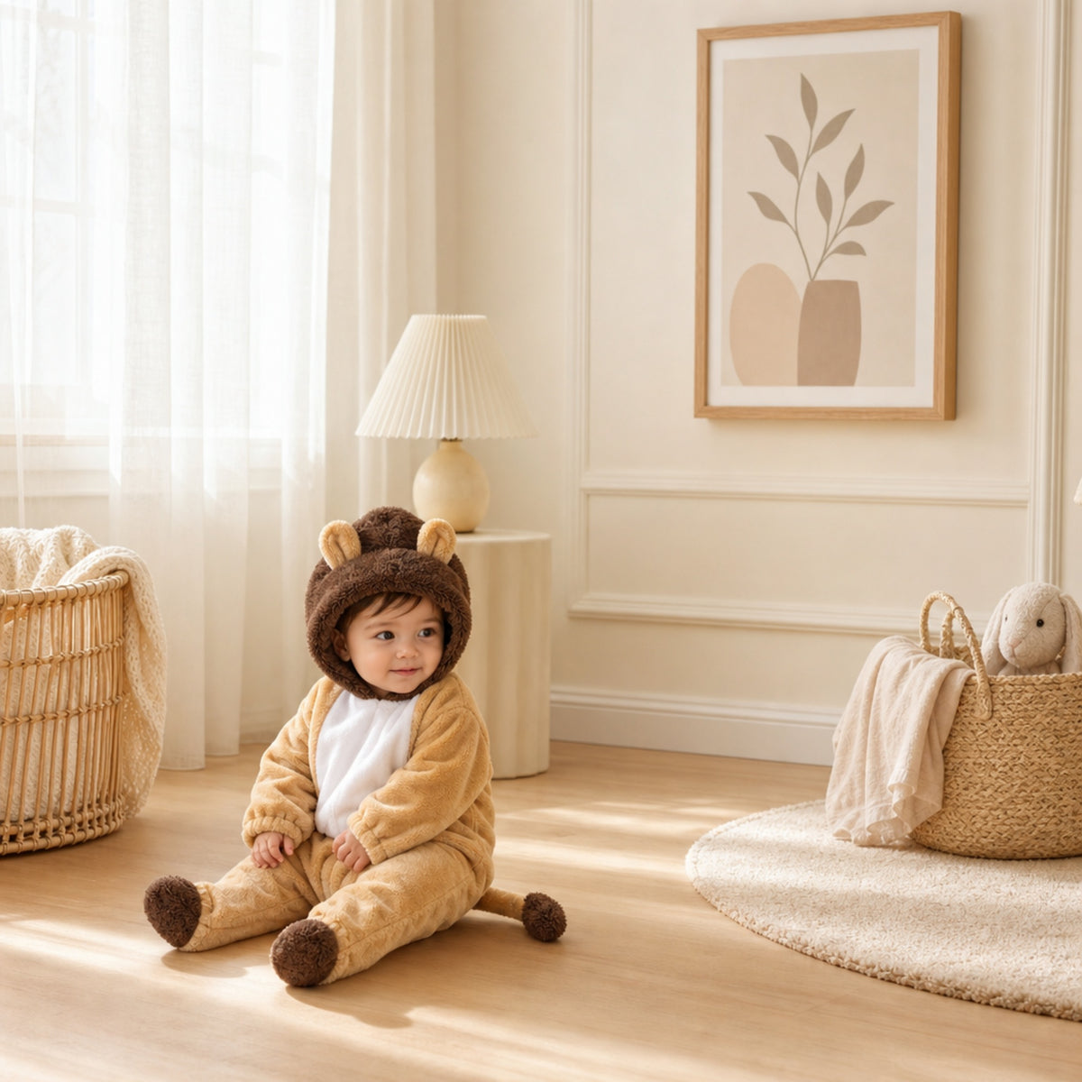 Baby in a lion cub costume onesie in a bright living room