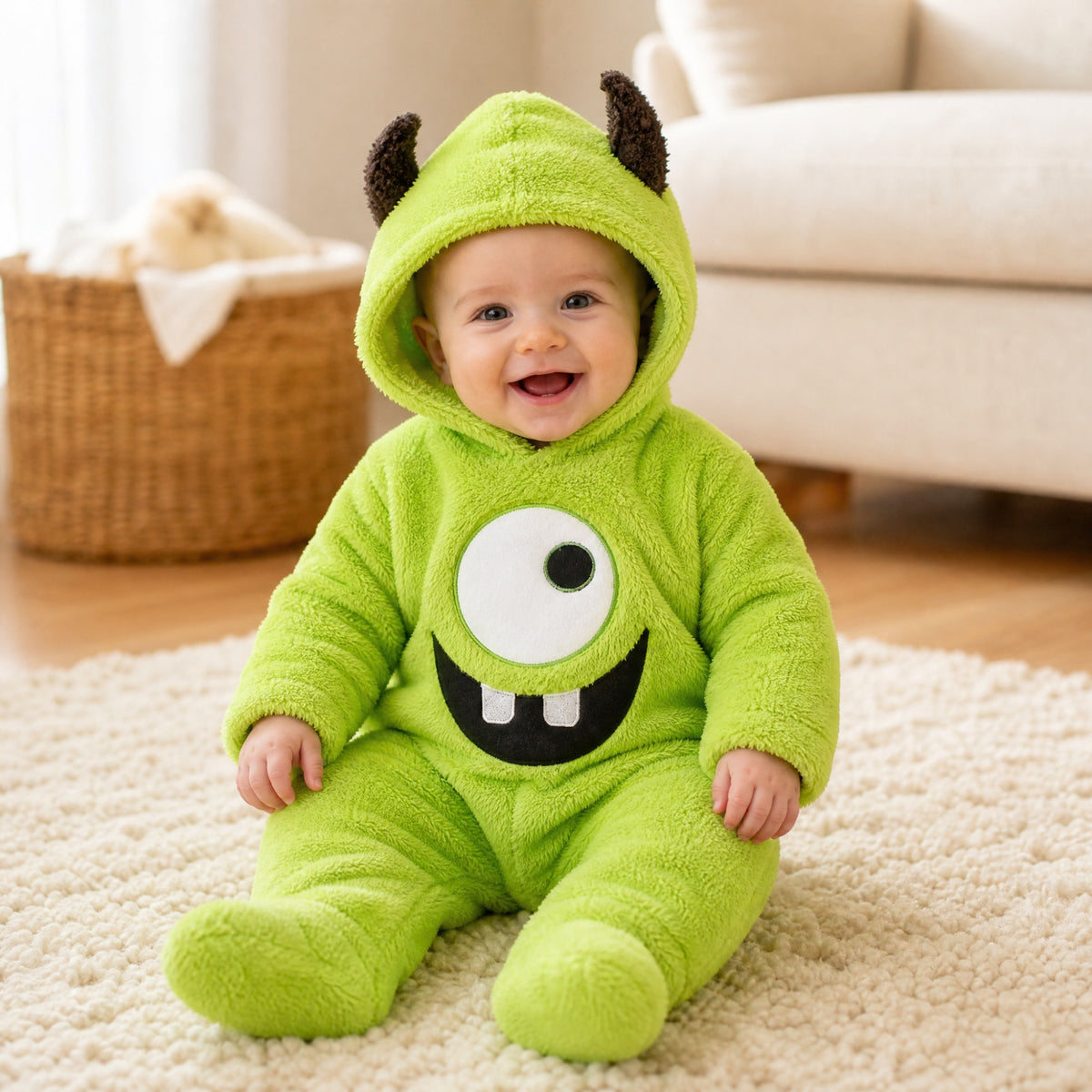Laughing baby sitting on a rug in a green monster costume onesie