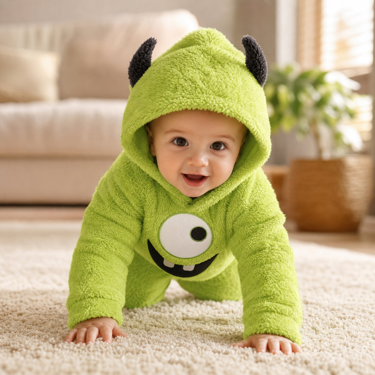 Smiling baby crawling in a plush green monster costume