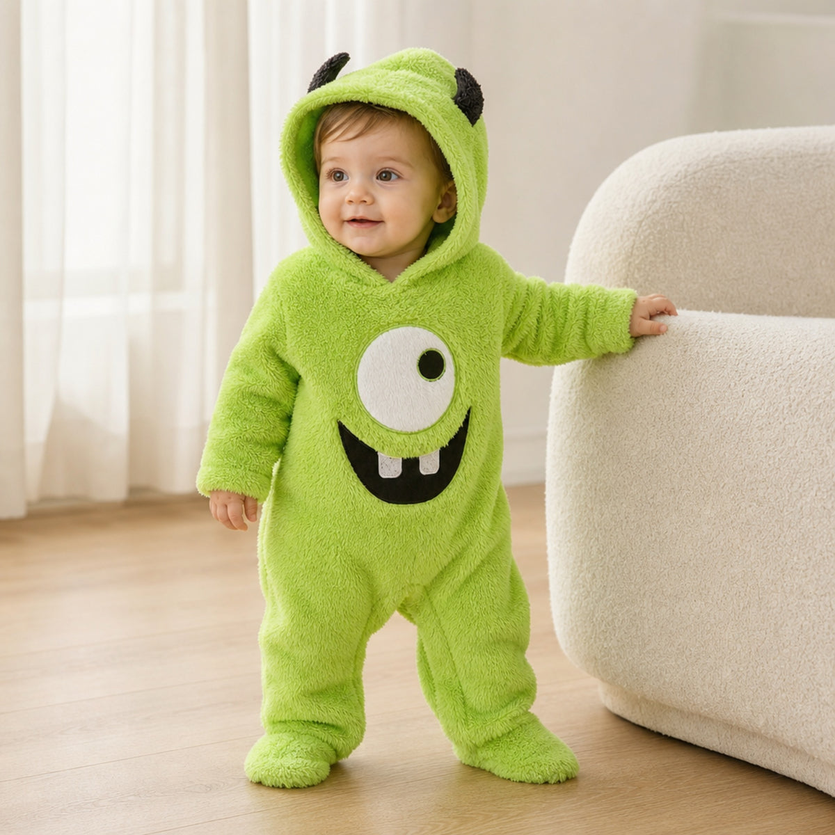 Baby standing by the sofa in a green monster onesie
