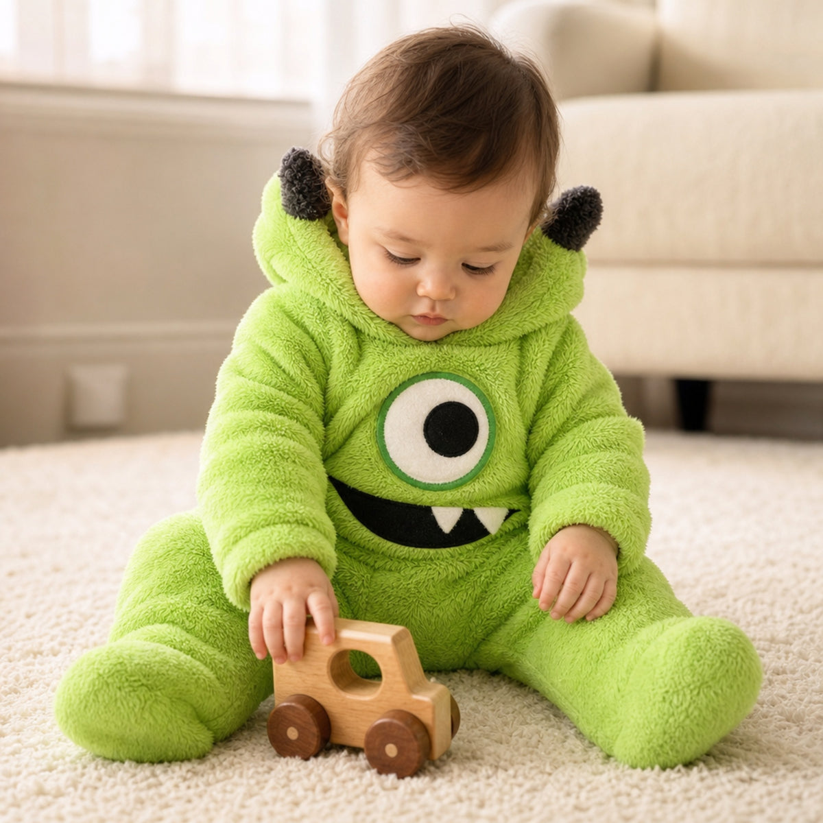 Baby playing with a wooden toy in a green monster costume