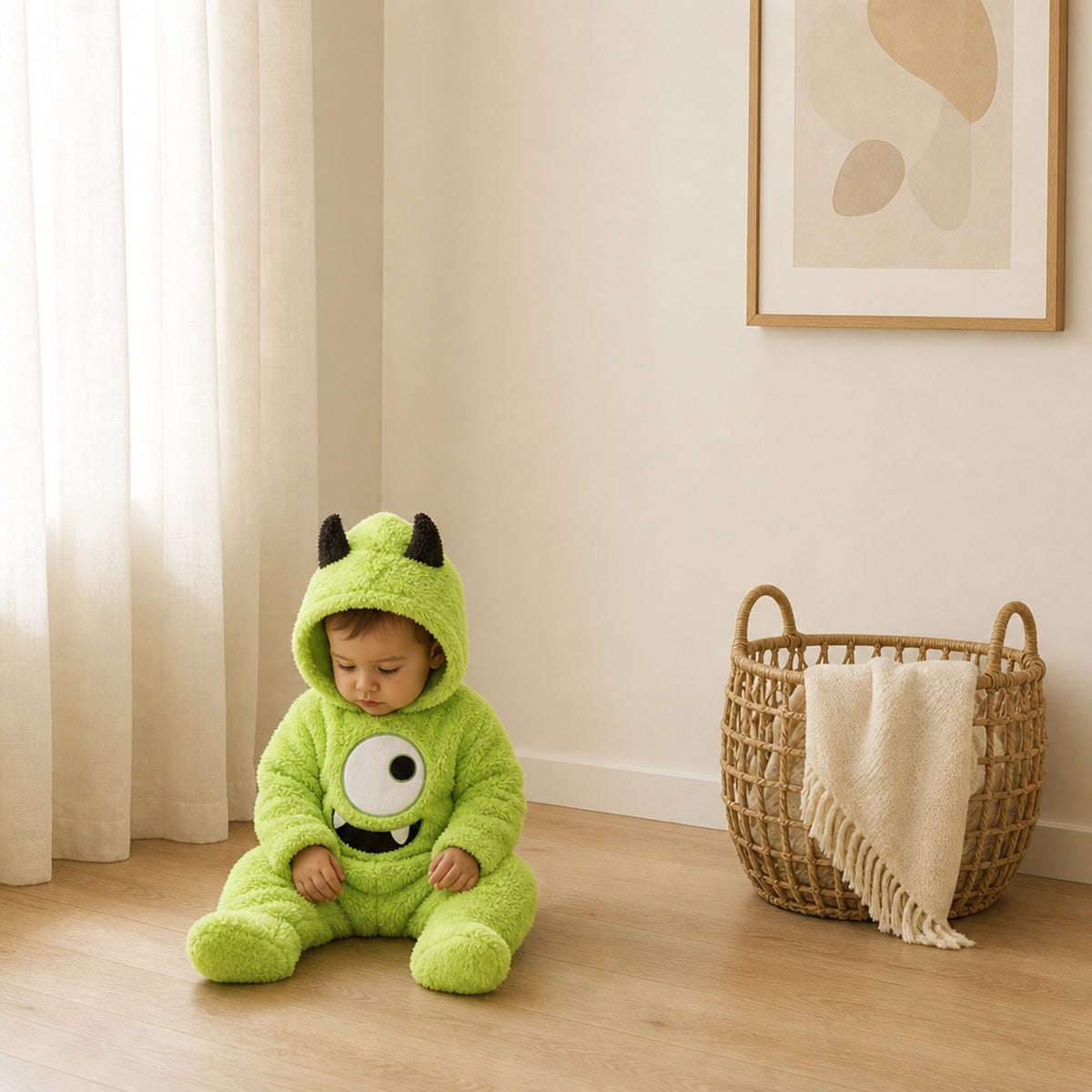 Baby in a green monster costume in a bright living room