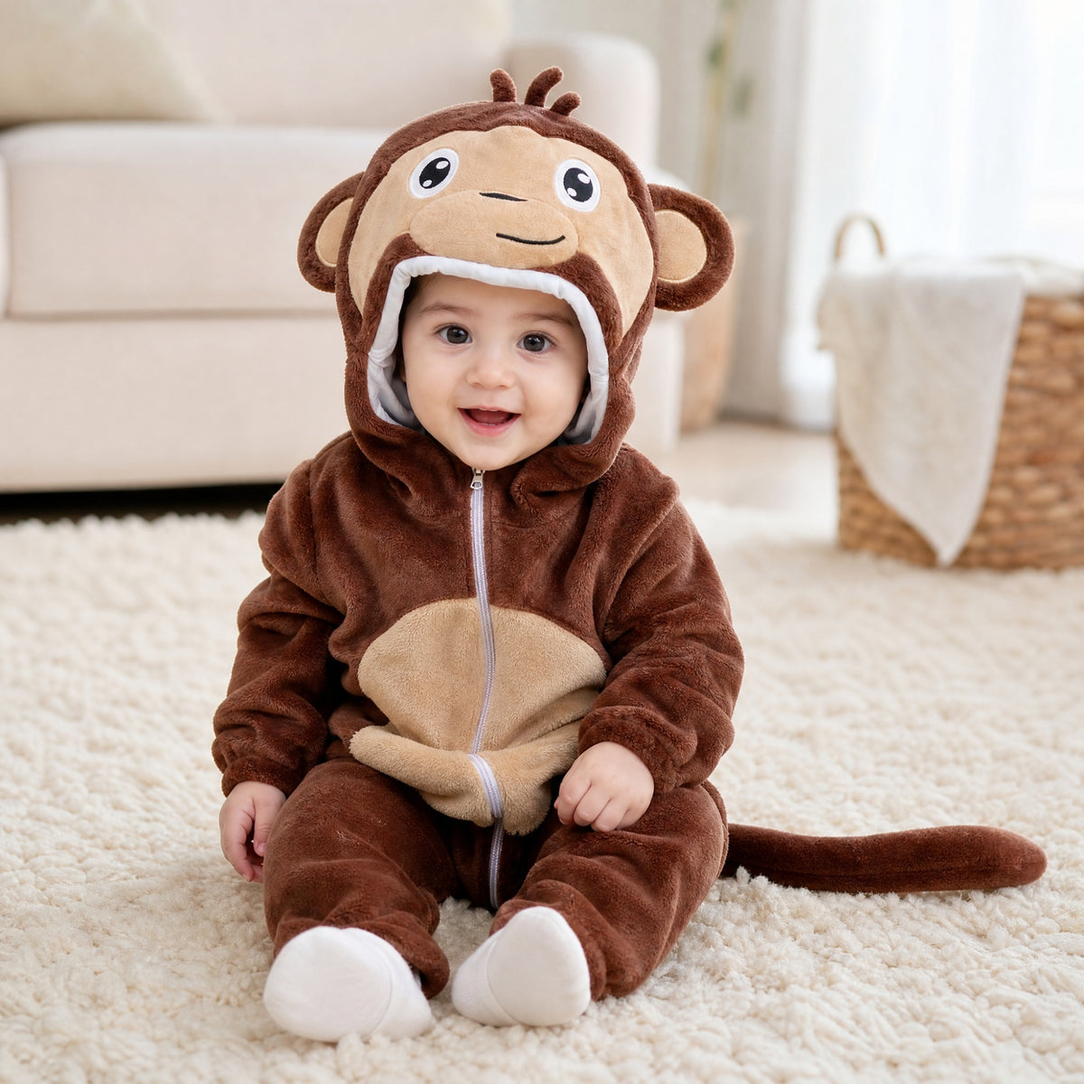 Smiling baby sitting on a rug in a brown monkey costume onesie