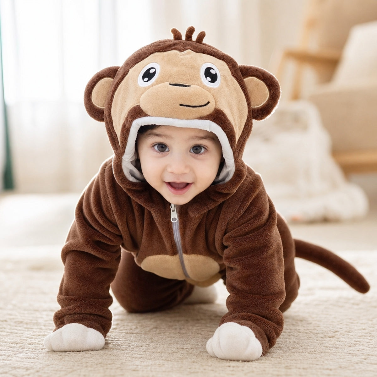 Baby crawling in a plush monkey costume with long tail