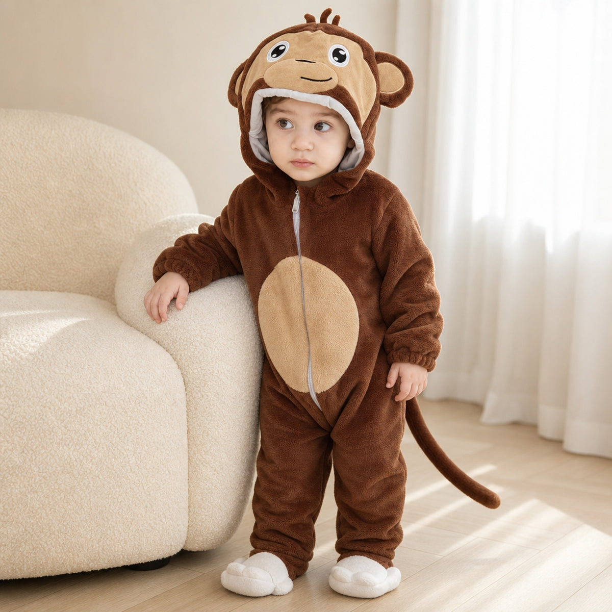 Baby standing by the sofa in a monkey onesie