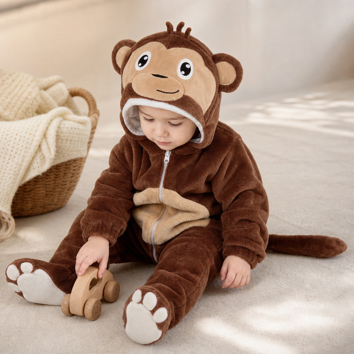 Baby playing with a wooden toy in a monkey costume