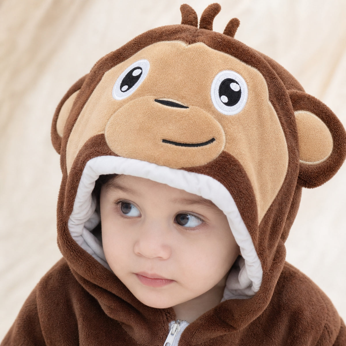 Close-up of the monkey face hood with big eyes and ears
