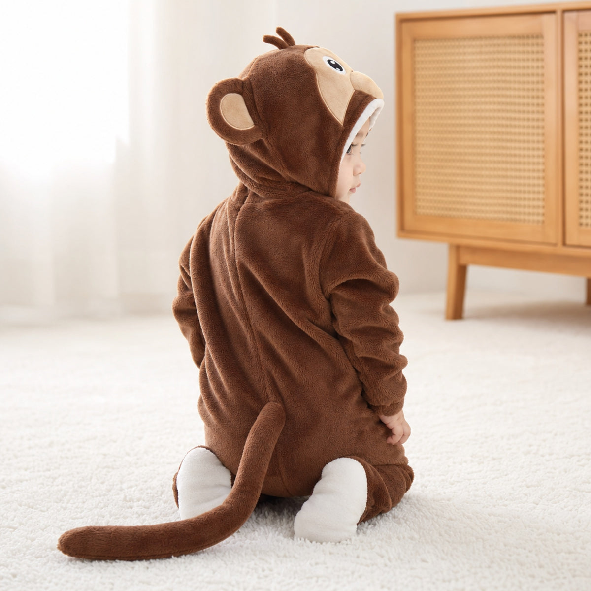 Back view of the brown monkey onesie with long tail
