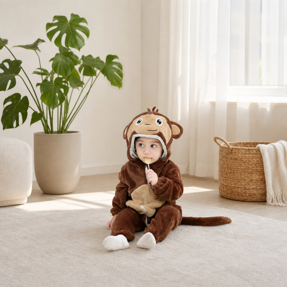 Baby in a monkey costume onesie in a bright living room
