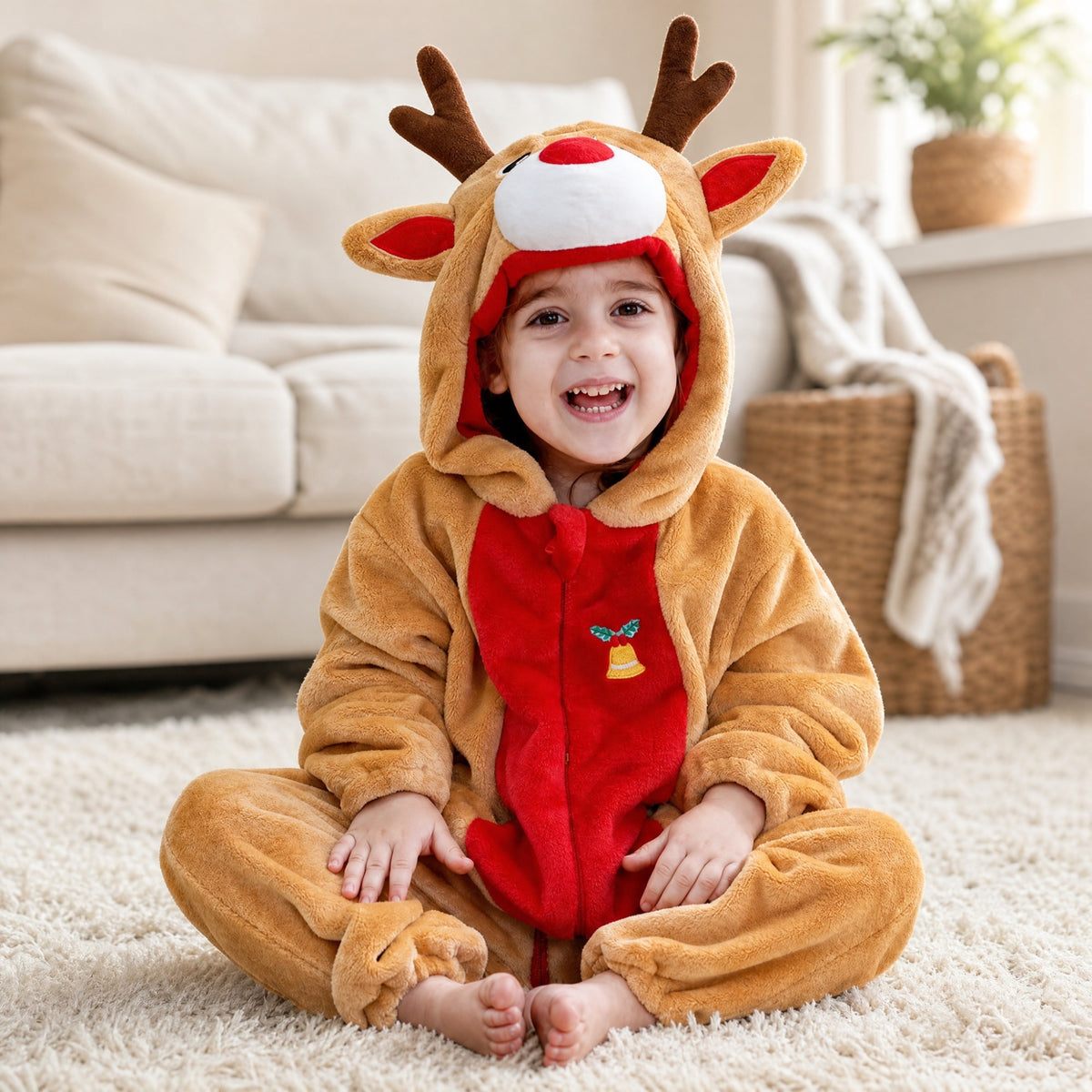 Laughing baby sitting on a rug in a Christmas reindeer costume onesie