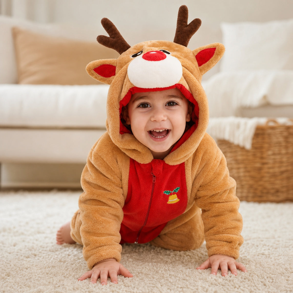 Baby crawling in a plush reindeer costume with antlers and red nose